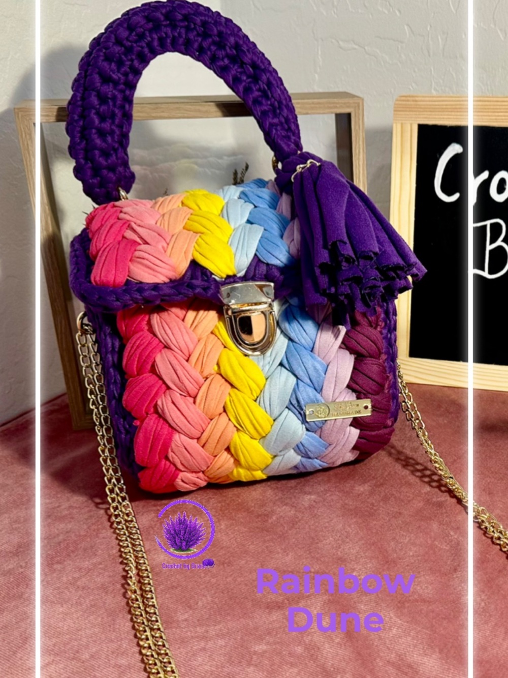 Rainbow Braided Crossbody Bag with Purple Trim